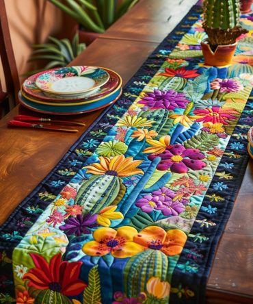 Radiant Cactus Desert Flora  Quilted Table Runner