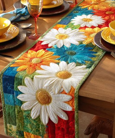 Rainbow Daisy Field Quilted Table Runner