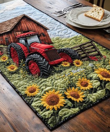 Red Barn Tractor Quilted Table Runner