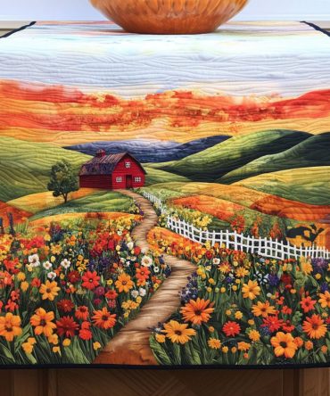 Red Barn In Bloom Quilted Table Runner