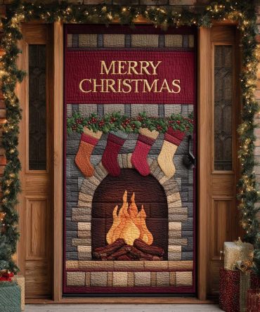 Red Cozy Fireplace Quilted Door Cover