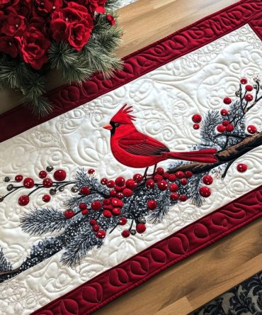 Red Feathered Winter Quilted Table Runner