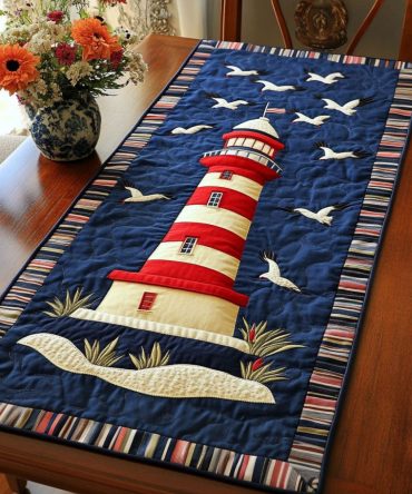 Red Striped Lighthouse Quilted Table Runner