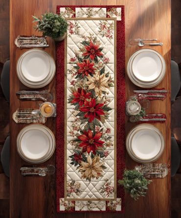 Regal Poinsettia Stripe Quilted Table Runner