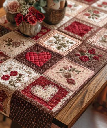 Rustic Red Garden Heart Quilted Table Runner