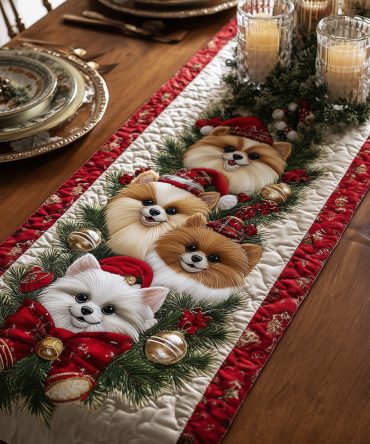 Santa Poms Quilted Table Runner