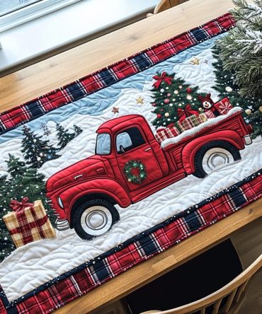 Santa Red Sleigh Quilted Table Runner