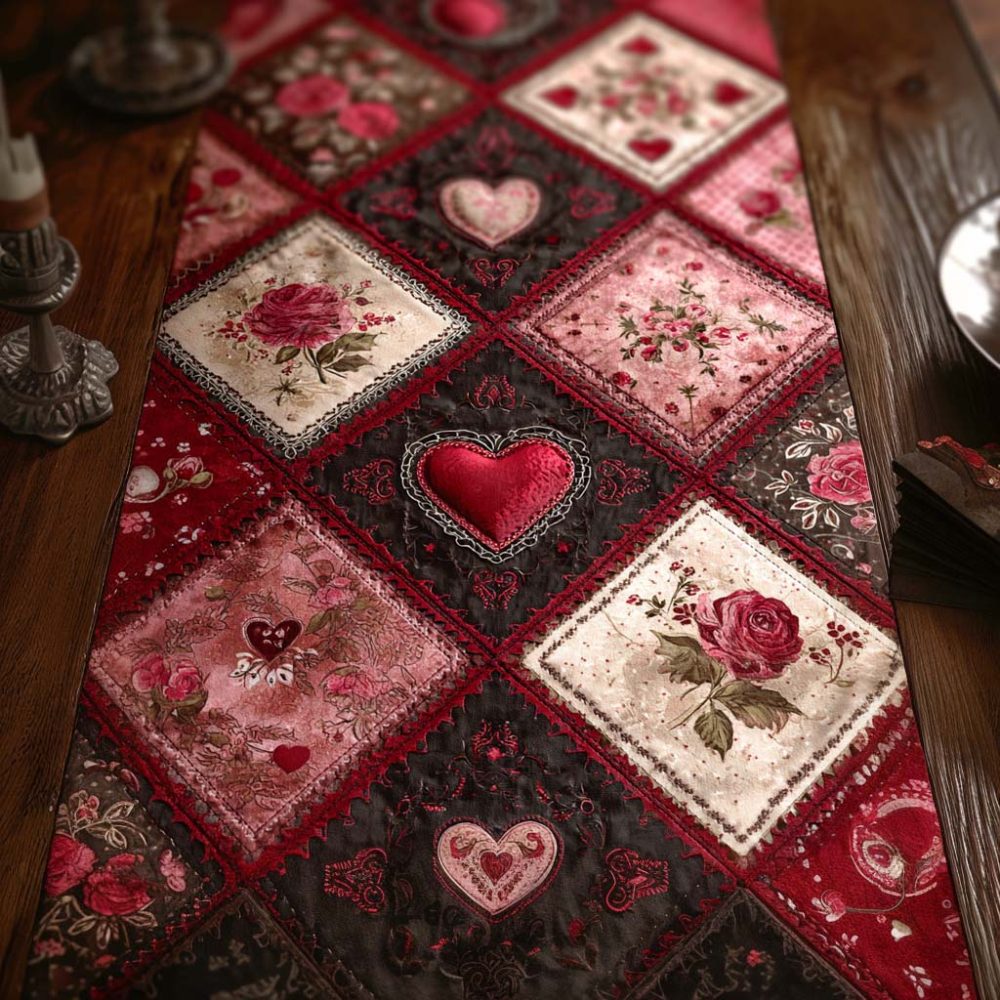 Scarlet Romance Heart Quilted Table Runner