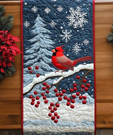 Scarlet Song In The Snow Quilted Table Runner