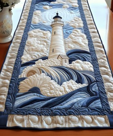 Serene Lighthouse Waves Quilted Table Runner