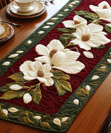 Serene Magnolia Quilted Table Runner