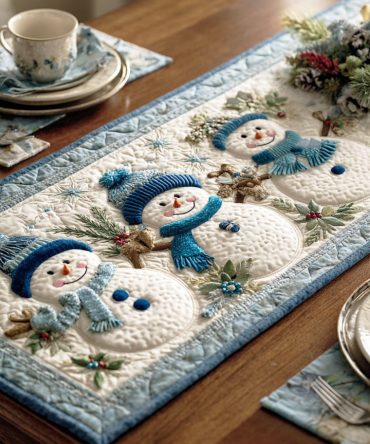 Silent Snowman Blue Quilted Table Runner