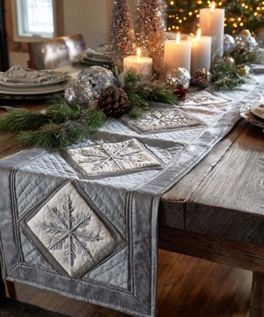 Silver Winter Elegance Quilted Table Runner
