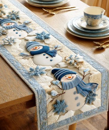 Snowman Glow Frost Quilted Table Runner