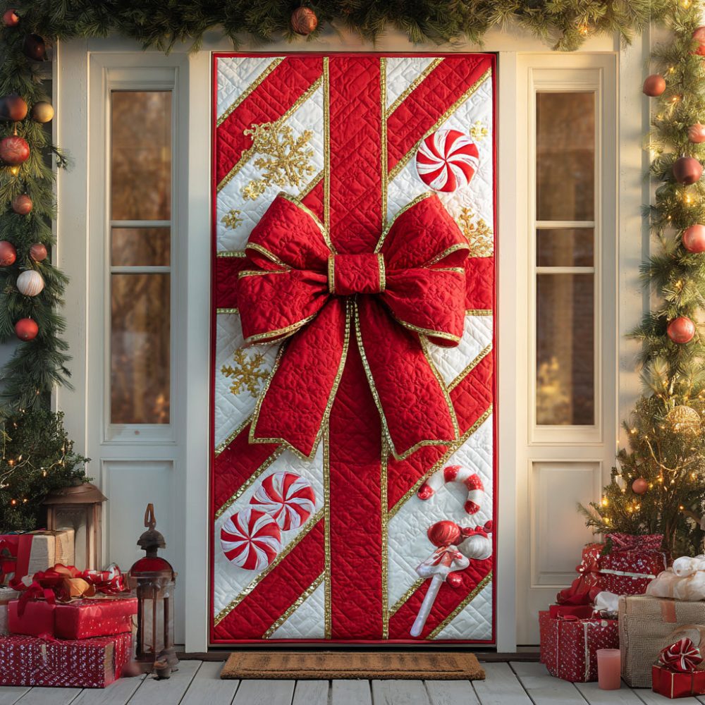 Snowy Gift Ribbon Quilted Door Cover