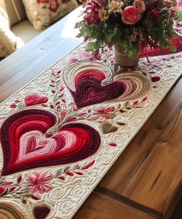 Soft Petals And Deep Hearts Quilted Table Runner