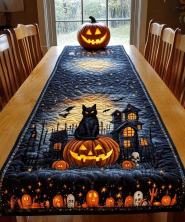 Spook-Tacular Black Cat Quilted Table Runner