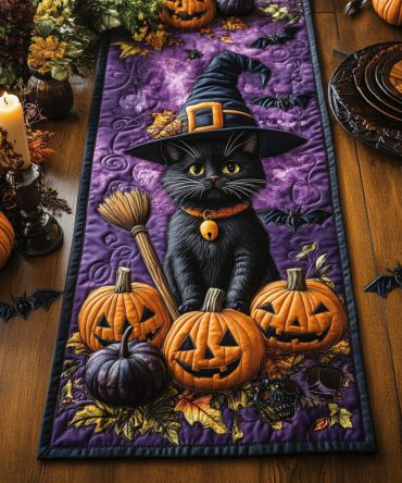 Spooky Whimsy Black Cat Quilted Table Runner