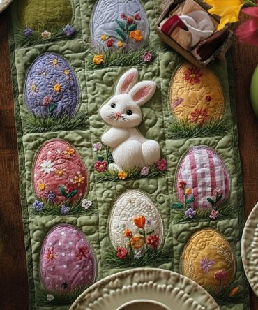 Spring Meadow Bunnies Quilted Table Runner