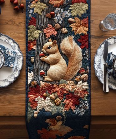 Squirrel In The Fall Breeze Quilted Table Runner