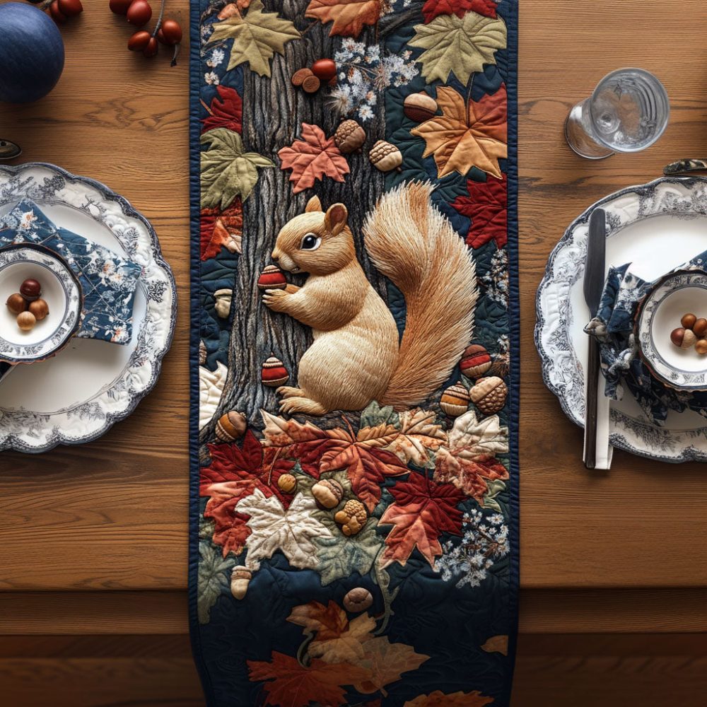 Squirrel In The Fall Breeze Quilted Table Runner