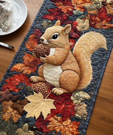 Squirrels Golden Fall Quilted Table Runner