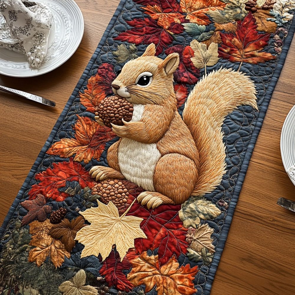 Squirrels Golden Fall Quilted Table Runner