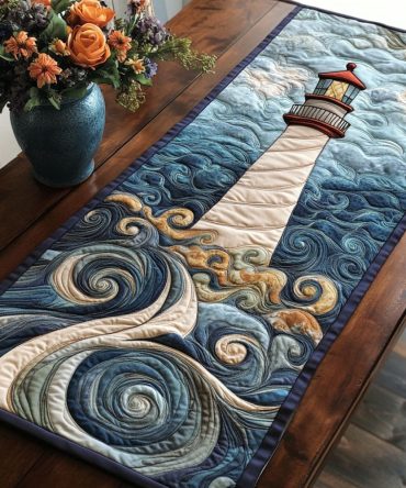 Stormy Sea Lighthouse Quilted Table Runner