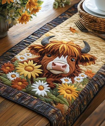 Sunflower Cattle Quilted Table Runner
