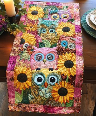 Sunflower Owl Quilted Table Runner