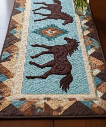 Teal Horses Quilted Table Runner