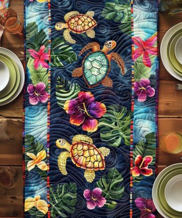 Turtle Floral Paradise Quilted Table Runner