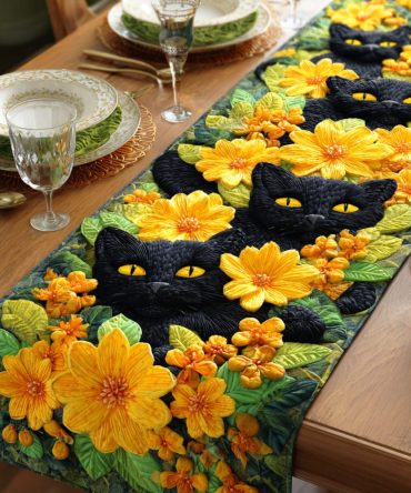 Velvet Cat Night Quilted Table Runner