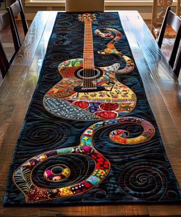 Vibrant Guitar Harmony Quilted Table Runner