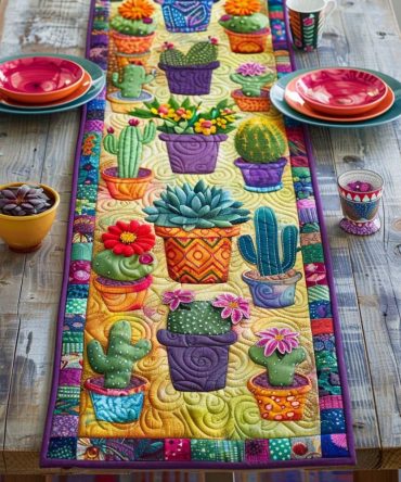 Vibrant Succulent Cactus Quilted Table Runner