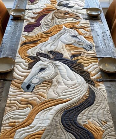 Vibrant White Horse Quilted Table Runner