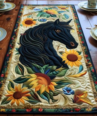 Vibrant Black Horse Quilted Table Runner