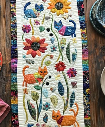 Vibrant Charming Cat Quilted Table Runner