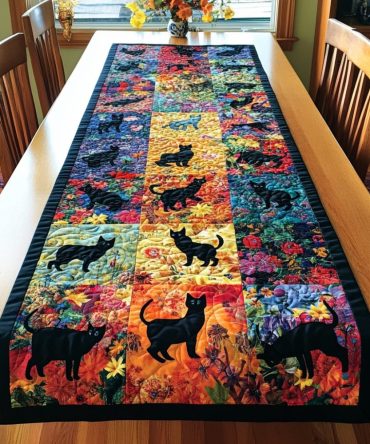 Vibrant Cute Cat Quilted Table Runner