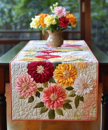 Vibrant Dahlia Garden Quilted Table Runner