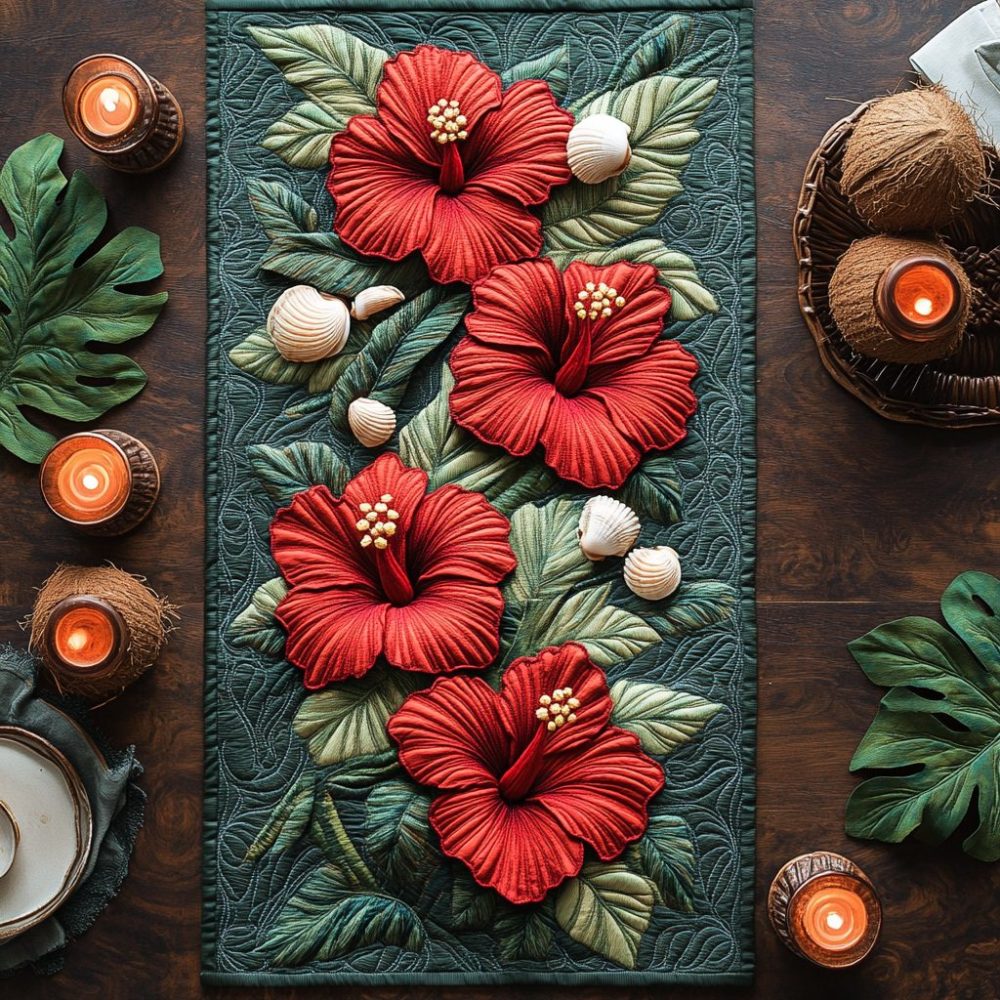 Vibrant Hibiscus Quilted Table Runner