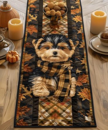 Vintage Fall Yorkie Quilted Table Runner