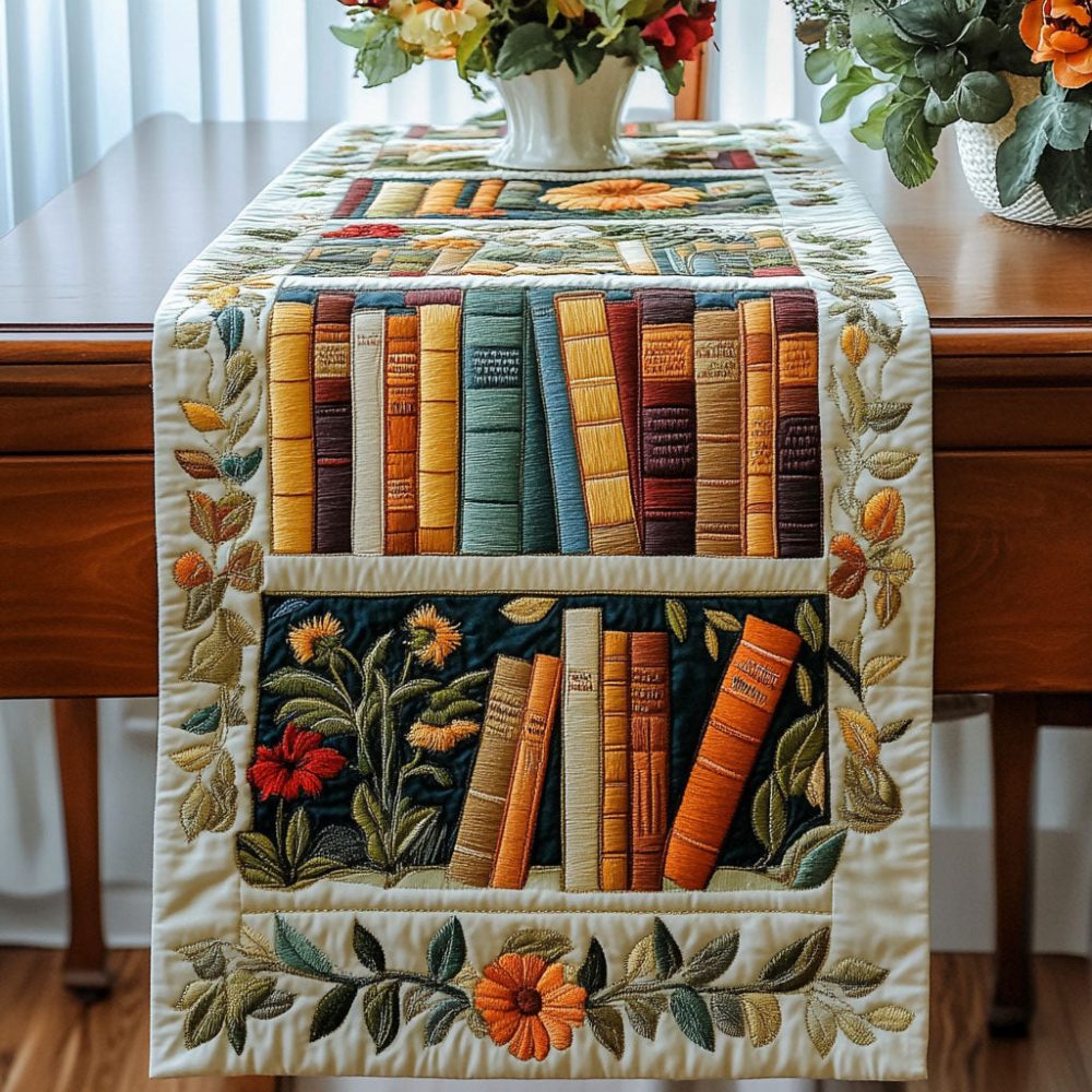 Vintage Books Blooms Quilted Table Runner