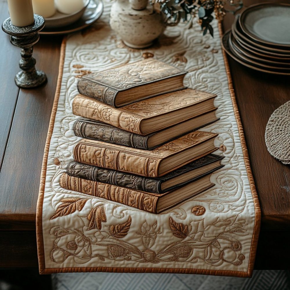 Vintage Bookshelf Quilted Table Runner