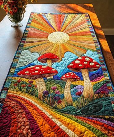 Vivid Mushroom Fields Quilted Table Runner