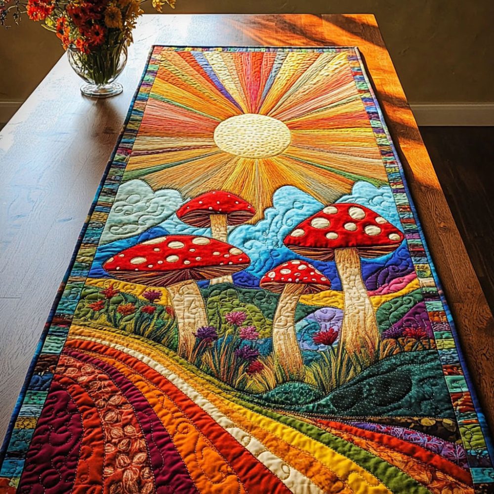 Vivid Mushroom Fields Quilted Table Runner