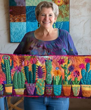 Vivid Succulent Cactus Quilted Table Runner