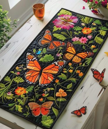 Vivid Monarch Butterflies Quilted Table Runner