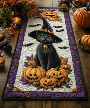 Whimsy Witchery Black Cat Quilted Table Runner