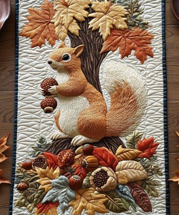 Whiskered Autumn Squirrel Quilted Table Runner